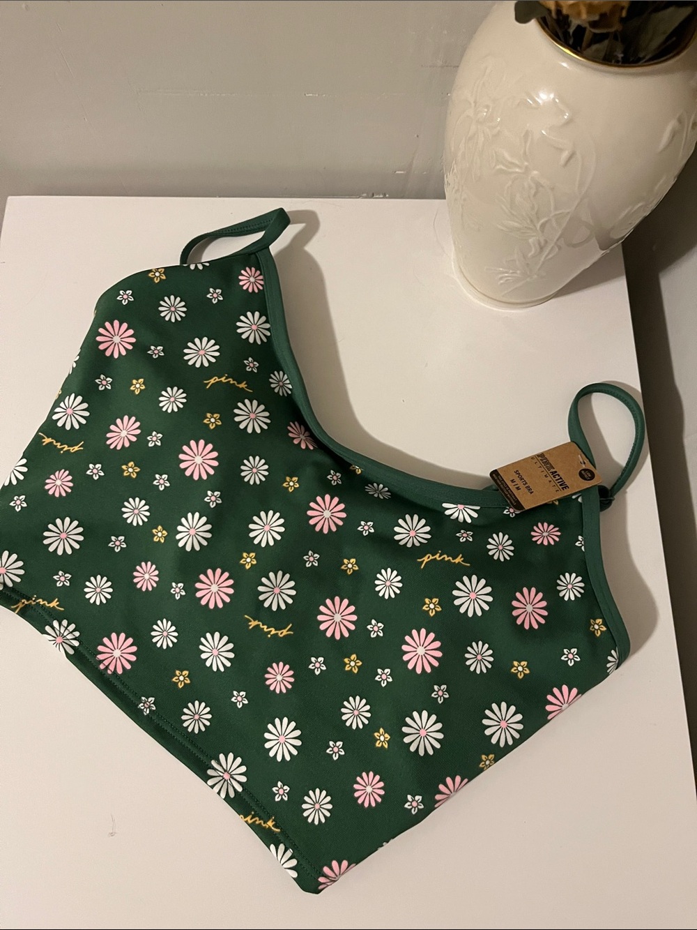 PINK Victoria's Secret Green Floral Sports Bra with Pink & White Daisies